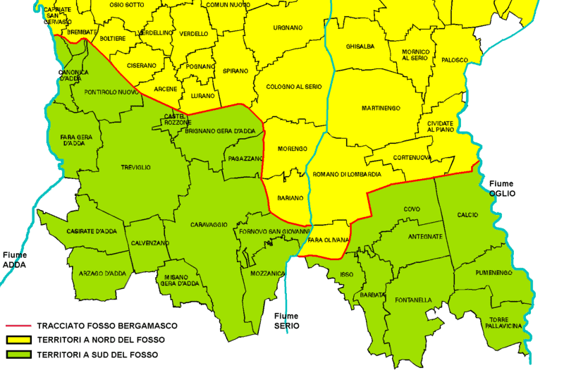 Mappa "Fossatum Bergamaschum" realizzato nel 1267 per tracciare i confini tra Bergamo e Cremona. Nell'anno 1454 assunse valenza di confine tra la Repubblica Veneta ed il Ducato di Milano.