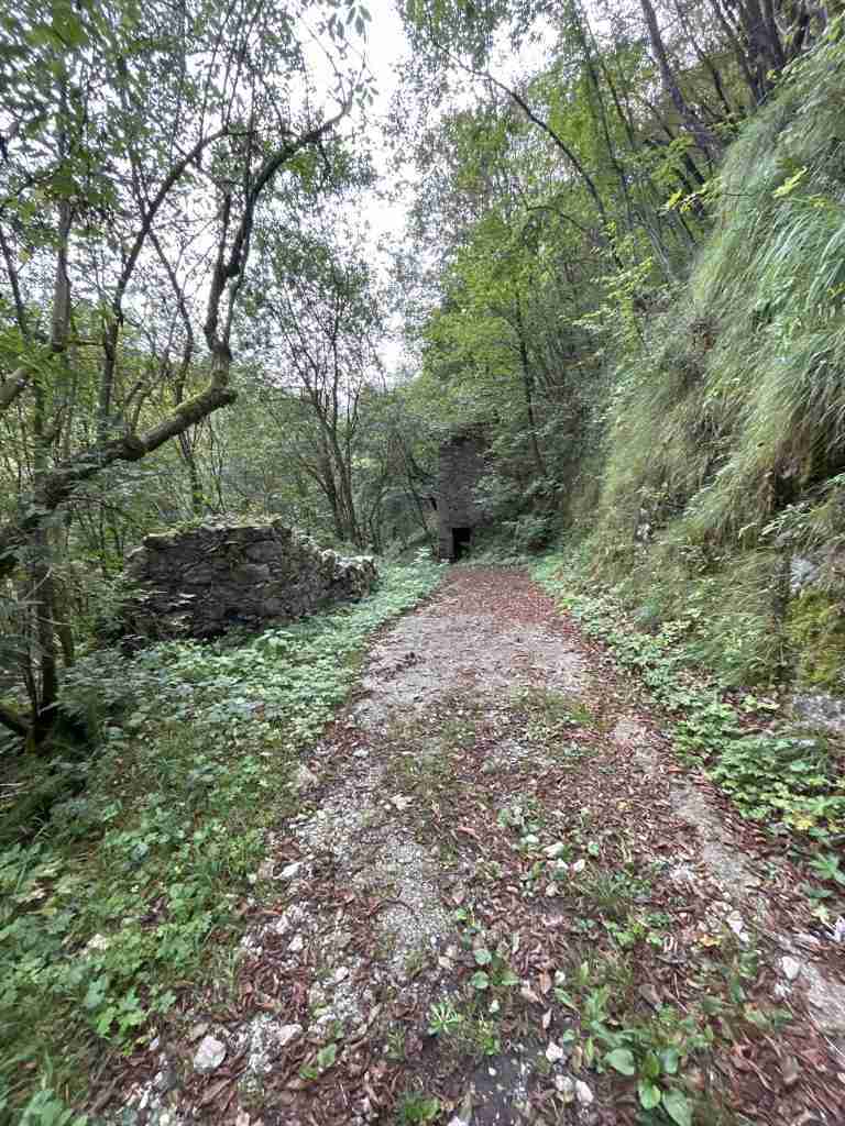Costruzione rurale sullo sfondo e macerie in primo piano