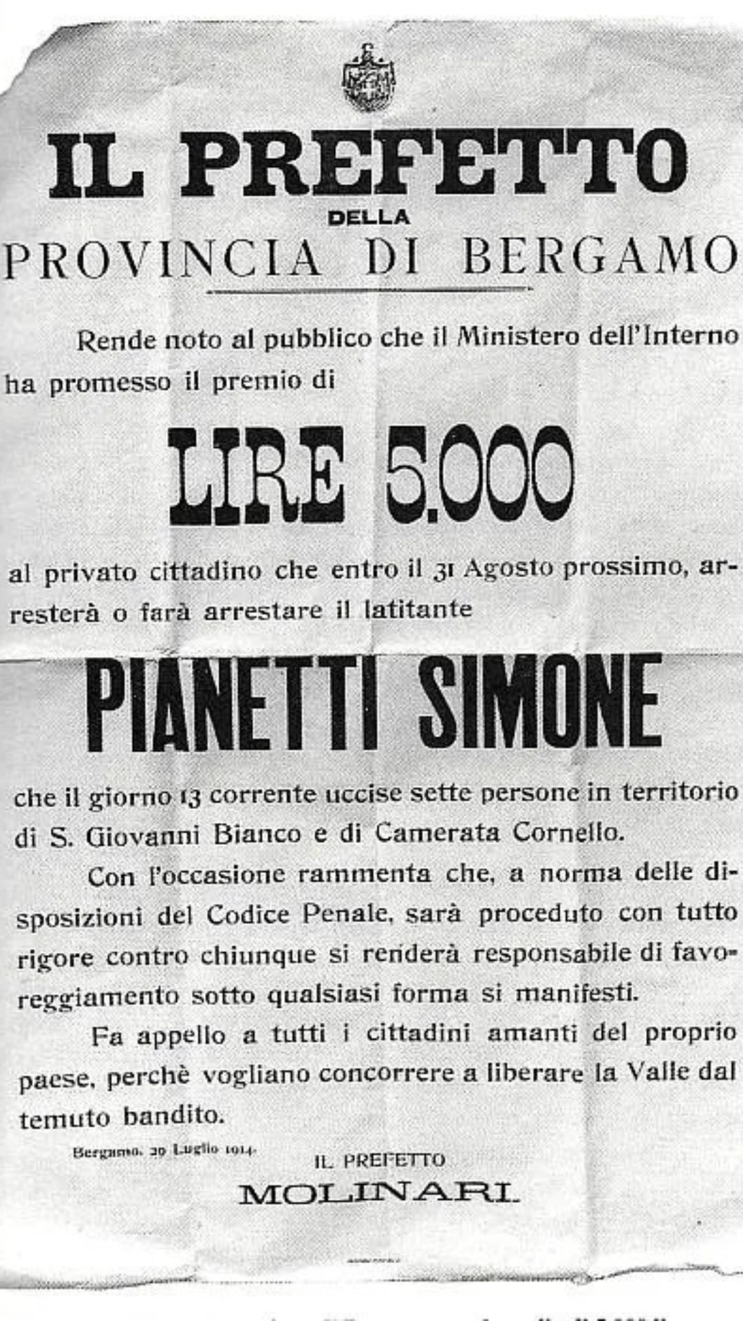 Pianca 1914 - Il delitto - San Giovanni Bianco - (BG)